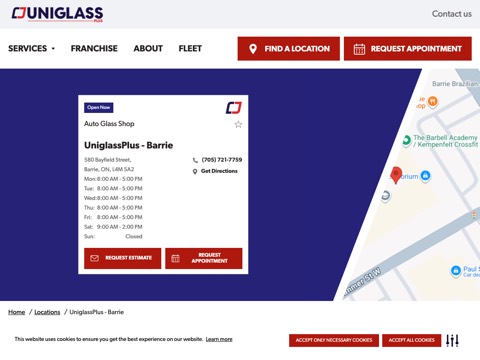Screenshot of the UniglassPlus Barrie website