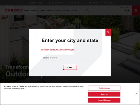 Screenshot of the Unilock homepage, unilock.com, captured 2026-08-13, shown as the evidence for this review