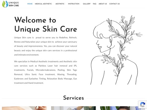 Screenshot of the Unique Skin Care homepage, www.uniqueskincare.ca, captured 2026-08-19, shown as the evidence for this review