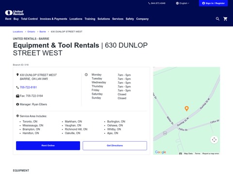 Screenshot of the United Rentals homepage, www.unitedrentals.com/locations/on/barrie/equipment-tool-rentals/018?utm_source=google&utm_medium=distrib&utm_campaign=yext, captured 2026-08-13, shown as the evidence for this review