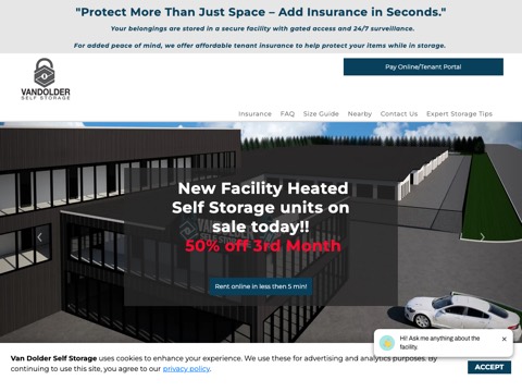 Screenshot of the VANDOLDER Self Storage OWEN SOUND homepage at www.vandolderselfstorage.com, captured 2026-08-19, shown as the evidence for the review on this page