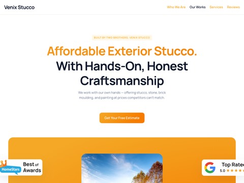 Screenshot of the Venix Stucco homepage at venixstucco.ca, captured 2026-08-13, shown as the evidence for the review on this page