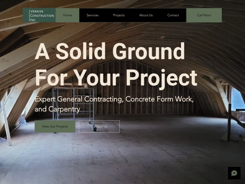 Screenshot of the Verrier Construction Inc. homepage, www.verrierconstruction.com, captured 2026-08-13, shown as the evidence for this review