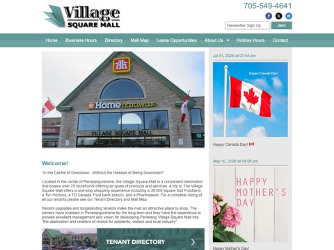 Screenshot of the Village Square Mall homepage, penetangvillagesquaremall.ca, captured 2026-08-19, shown as the evidence for this review