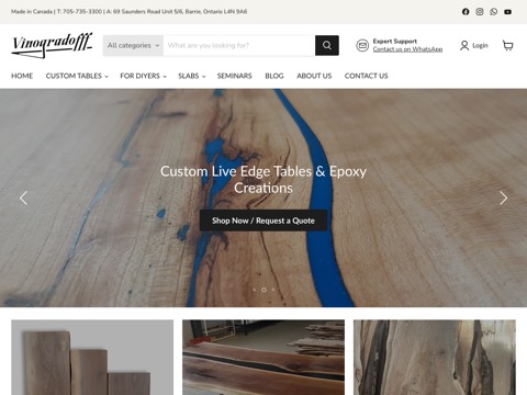 Screenshot of the Vinogradofff Barrie Wood Shop homepage at vinogradofff.com, captured 2026-08-19, shown as the evidence for the review on this page