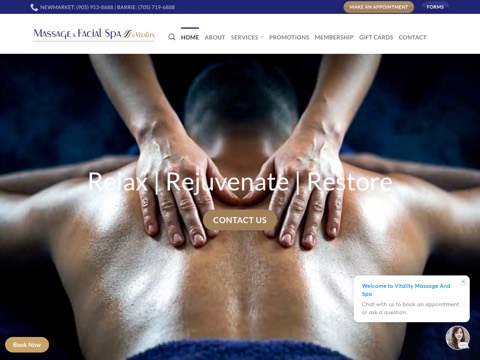 Screenshot of the Vitality Massage and Facial Spa - Barrie website