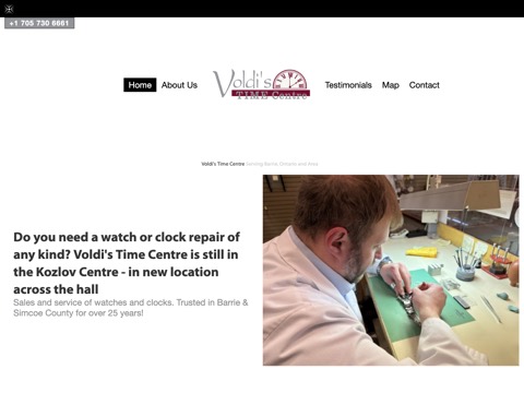 Screenshot of the Voldi's Time Centre homepage, voldis-time-centre.barriedirect.ca, captured 2026-08-19, shown as the evidence for this review