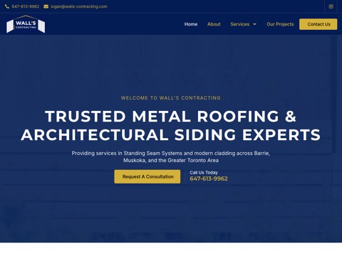 Screenshot of the Wall's Contracting - Barrie Roofing and Siding Contractor website