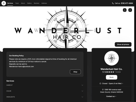 Screenshot of the Wanderlust Hair Co. homepage, wanderlusthairco.setmore.com, captured 2026-08-19, shown as the evidence for this review