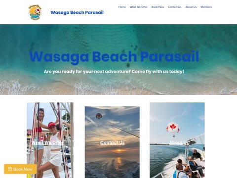 Screenshot of the Wasaga Beach Parasail homepage at www.wasagabeachparasail.com, captured 2026-08-19, shown as the evidence for the review on this page