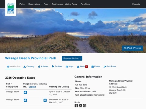 Screenshot of the Wasaga Beach Provincial Park - Beach Area 5 website