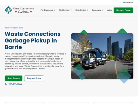 Screenshot of the WASTE CONNECTIONS OF CANADA - BARRIE homepage, www.wasteconnectionscanada.com/barrie, captured 2026-08-19, shown as the evidence for this review