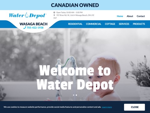 Screenshot of the Water Depot Wasaga Beach homepage, waterdepot.com/locations/wasaga-beach/?utm_source=google&utm_medium=gmb&utm_campaign=websitelink, captured 2026-08-19, shown as the evidence for this review