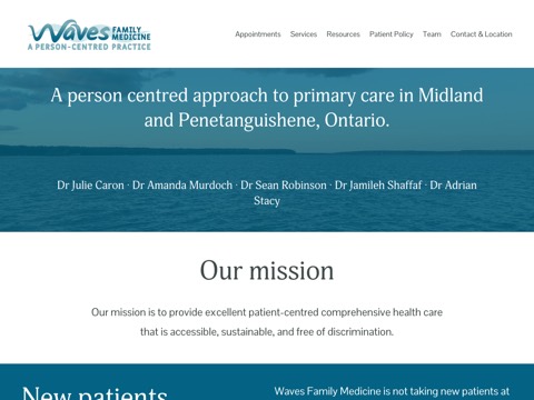 Screenshot of the Waves Family Medicine: Drs Caron, Murdoch, Robinson, Shaffaf, Stacy homepage, www.wavesfamilymedicine.ca, captured 2026-08-19, shown as the evidence for this review