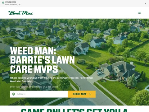 Screenshot of the Weed Man Lawn Care homepage, www.weedman.com/en-ca/barrie, captured 2026-08-19, shown as the evidence for this review