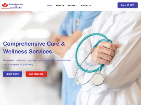 Screenshot of the Wellington Walk-in Clinic homepage, barriewalkinclinic.ca, captured 2026-08-19, shown as the evidence for this review