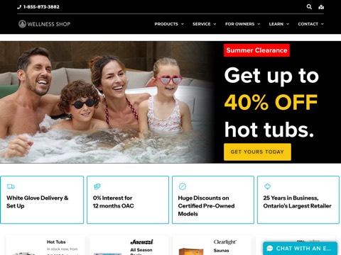 Screenshot of the Wellness Shop at Jacuzzi Barrie homepage, www.wellnessshop.ca, captured 2026-08-19, shown as the evidence for this review