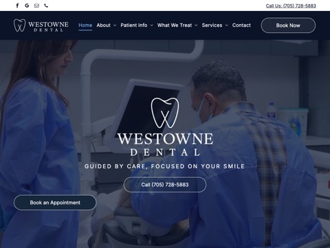 Screenshot of the Westowne Dental homepage, www.westownedental.ca, captured 2026-08-19, shown as the evidence for this review