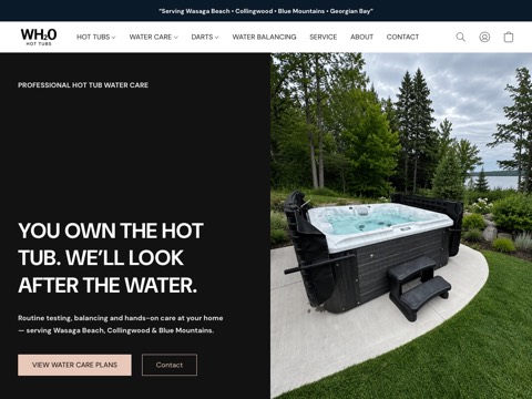 Screenshot of the WH₂0 Hot Tubs homepage, wh20hottubs.ca, captured 2026-08-19, shown as the evidence for this review