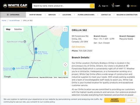 Screenshot of the White Cap (Formerly Brafasco) homepage, www.whitecapsupply.com/LocationFinder/DealerDetails?id=455d1dc6-e7f5-4729-869d-b1d2009602a3, captured 2026-08-19, shown as the evidence for this review