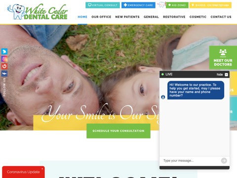 Screenshot of the White Cedar Dental Care homepage, www.whitecedardental.com, captured 2026-08-19, shown as the evidence for this review