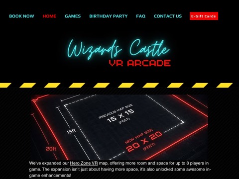 Screenshot of the Wizard's Castle VR Arcade homepage at www.wizardscastlevr.com, captured 2026-08-13, shown as the evidence for the review on this page