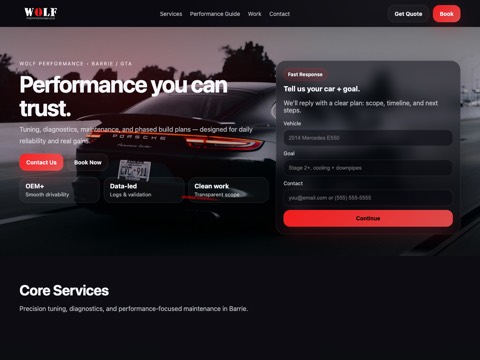 Screenshot of the WOLF PERFORMANCE homepage, wolfperformance.ca, captured 2026-08-19, shown as the evidence for this review