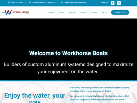 Screenshot of the Workhorse Boats homepage, www.workhorseboats.ca, captured 2026-08-19, shown as the evidence for this review