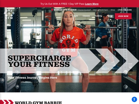 Screenshot of the World Gym homepage, www.worldgym.com/barrie, captured 2026-08-19, shown as the evidence for this review