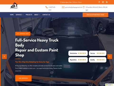 Screenshot of the Your Car Bodyshop homepage, yourcarbodyshop.ca, captured 2026-08-19, shown as the evidence for this review