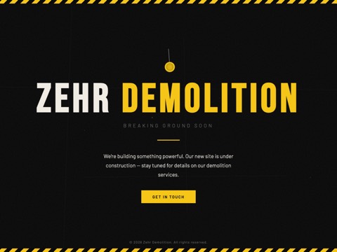 Screenshot of the Zehr demolition inc homepage, www.zehrdemolition.com, captured 2026-08-13, shown as the evidence for this review