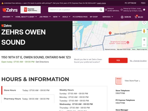 Screenshot of the Zehrs Owen Sound homepage, www.zehrs.ca/en/store-locator/details/0563?utm_source=G&utm_medium=LPM&utm_campaign=Loblaws, captured 2026-08-19, shown as the evidence for this review