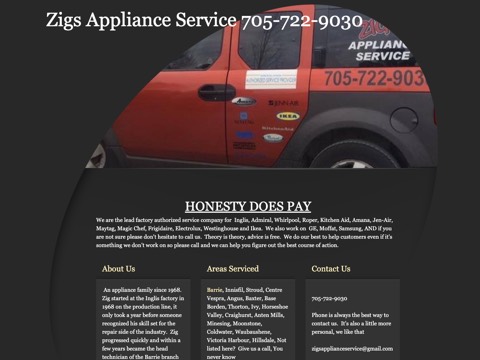 Screenshot of the Zig's Appliance Service homepage, zigsappliance.ca, captured 2026-08-19, shown as the evidence for this review